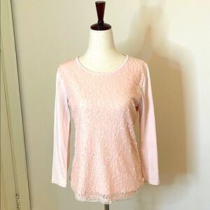 J.Crew Pink Sequin Front Long Sleeve Cotton Tee Shirt Top Size S